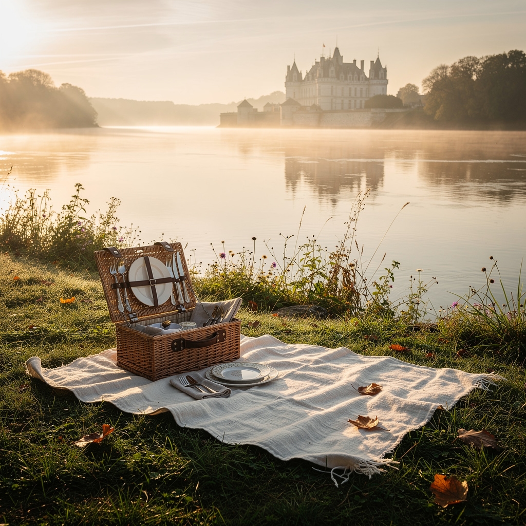 Pique-nique au bord de la Loire avec vue sur un château