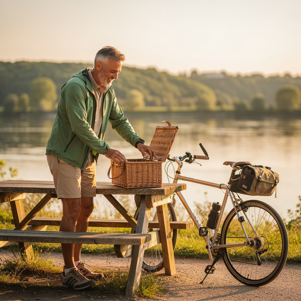Cycliste sur la Loire à Vélo avec un panier pique-nique Puvenzo