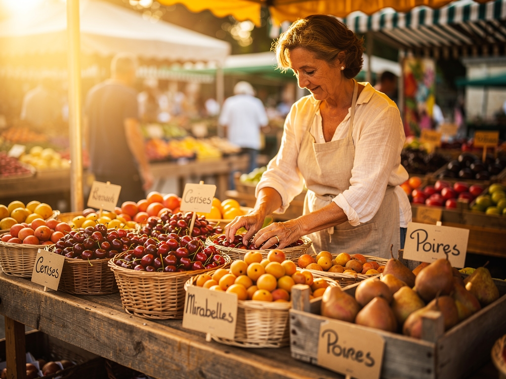Marché de producteurs locaux en Touraine avec fruits et légumes de saison