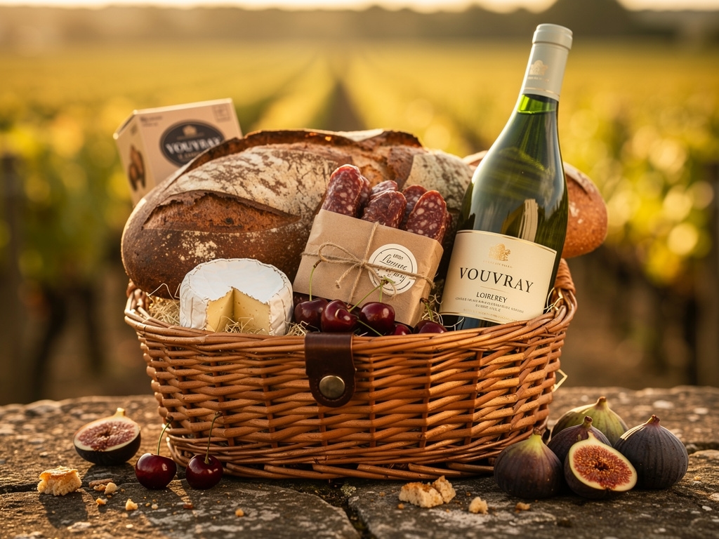 Panier en osier garni de produits artisanaux du Val de Loire