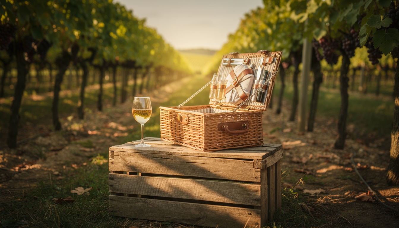 Pique-nique dans les vignobles du Val de Loire avec panier en osier Puvenzo